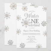 Invitation White Winter Onederland Silver Snowflakes Birthday (Devant / Derrière)