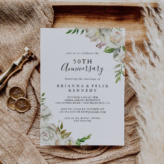 Invitation White Winter Peony Floral 50e anniversaire Mariage