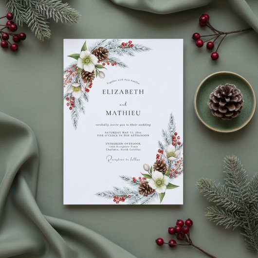 Invitation White Winter Pine Bloom Wedding