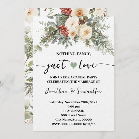 Invitation White Winter Wedding Nothing Fancy Just Love  (Devant / Derrière)