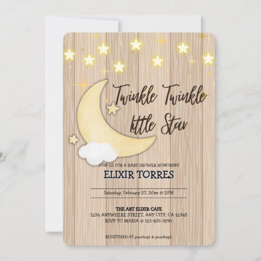 Invitation White Wood Twinkle Twinkle Little Star Baby shower (Devant)