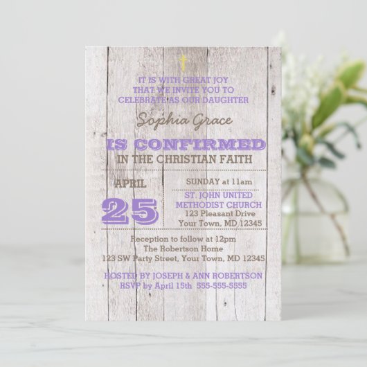 Invitation Whitewash Lilac Rustic Confirmation (Debout devant)