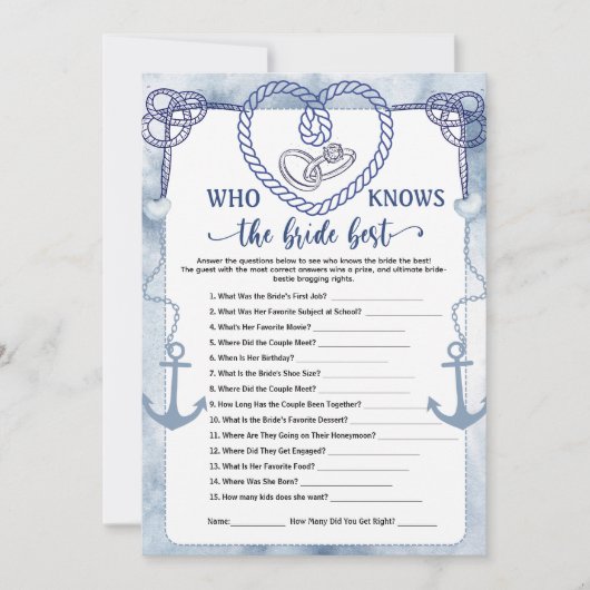 Invitation Who Knows the Bride Best Game Nautical Wedding  (Devant)