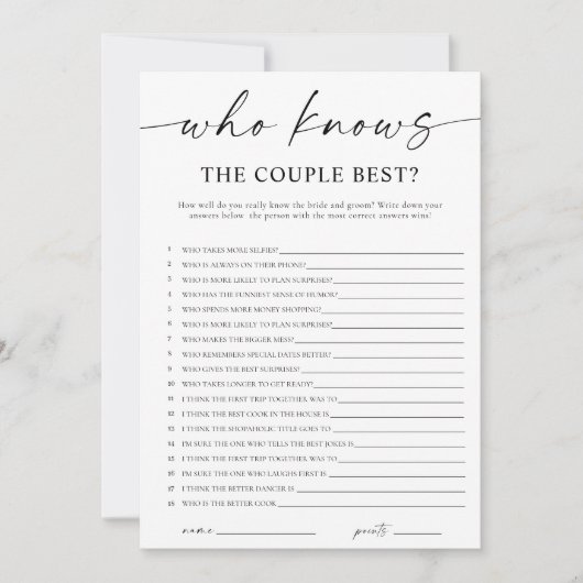 Invitation Who Knows the Couple Best Bridal Shower Game (Devant)