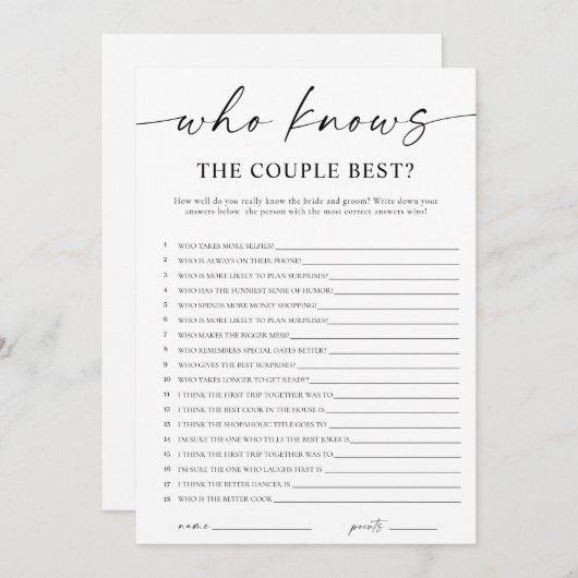 Invitation Who Knows the Couple Best Bridal Shower Game (Devant / Derrière)