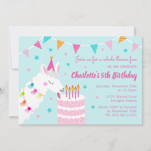 Invitation Whole Llama Fun Cake 5e Anniversaire Aqua (Devant)