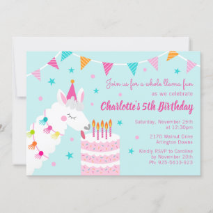 Invitation Whole Llama Fun Cake 5e Anniversaire Aqua