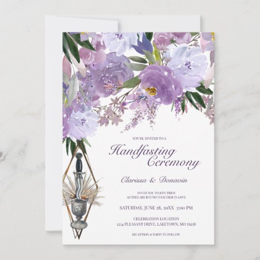 Invitation Wiccan Handfasting Chalice & Athame Purple Floral (Devant)