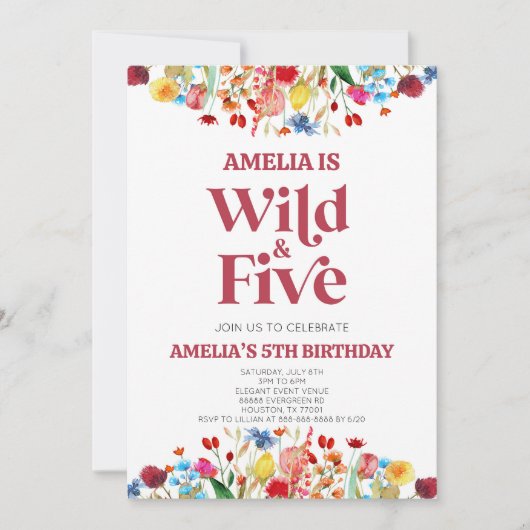 Invitation Wild and Five Fleur sauvage Cinquième fête d'anniv (Devant)