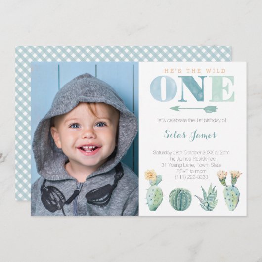 Invitation Wild Cactus 1er anniversaire fête pour garçon (Devant / Derrière)