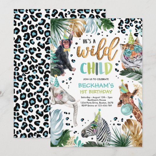 Invitation Wild Child Boy Safari Animaux Anniversaire (Devant / Derrière)