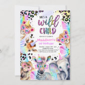 Invitation Wild Child Safari Rose Girl Leopard fête d'anniver (Devant)