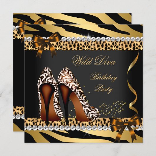 Invitation Wild Diva Leopard Zebra Hi Heels Anniversaire 3 (Devant / Derrière)