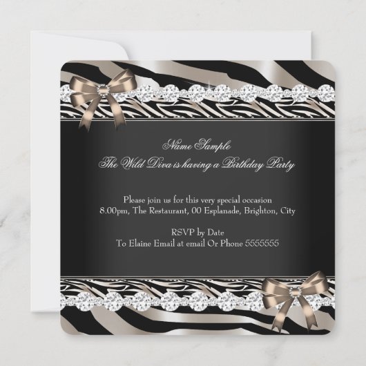 Invitation Wild Diva Zebra Beige High Talons Anniversaire (Dos)