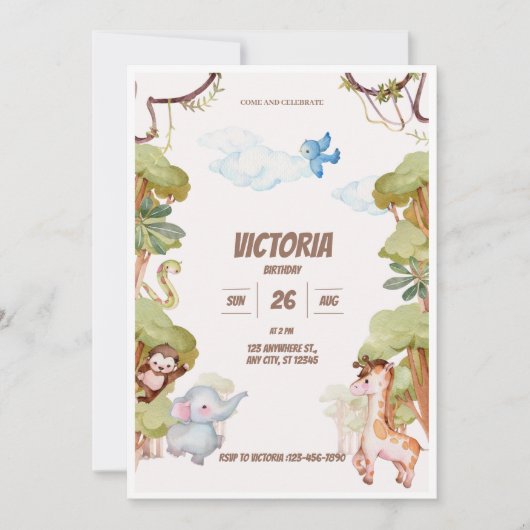 Invitation Wild Jungle Adventure Vert Aquarelle Anniversaire (Devant)