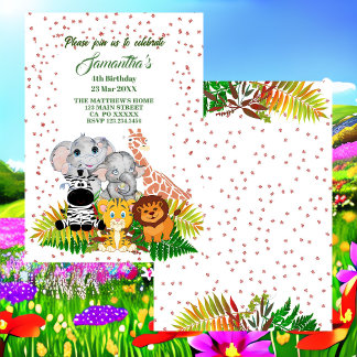 Invitation Wild Jungle Safari Bébé Animaux Verdure Anniversai