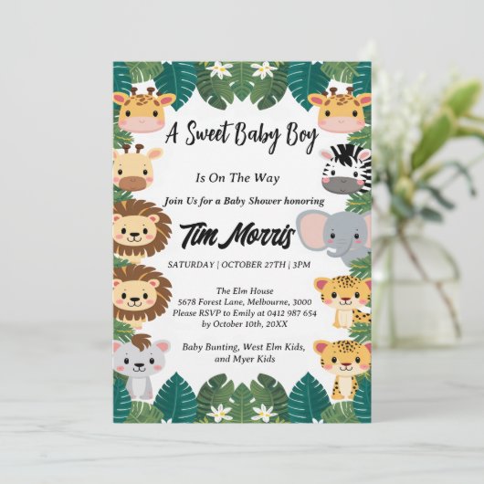 Invitation Wild Jungle Safari bébé garçon douche (Debout devant)