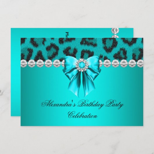 Invitation Wild Leopard Turquoise Bow Diamonds fête d'anniver (Devant / Derrière)