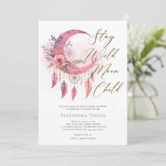 Invitation Wild Moon enfant Boho Dreamcatcher bébé fille douc (Debout devant)