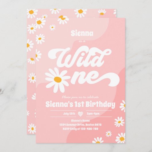 Invitation Wild One 1er anniversaire fête Boho Floral Daisy (Devant / Derrière)