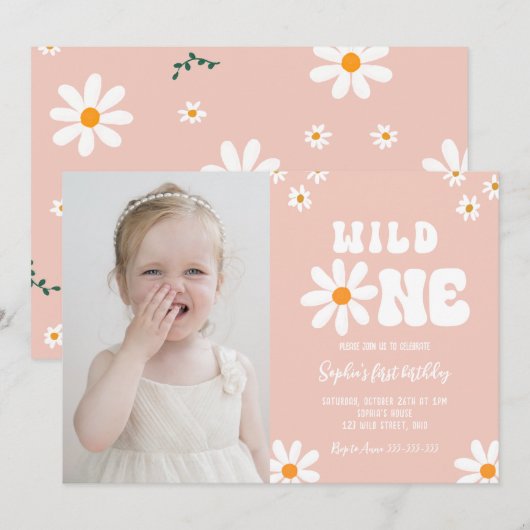 Invitation Wild One 1er anniversaire fête Daisy Boho Photo (Devant / Derrière)