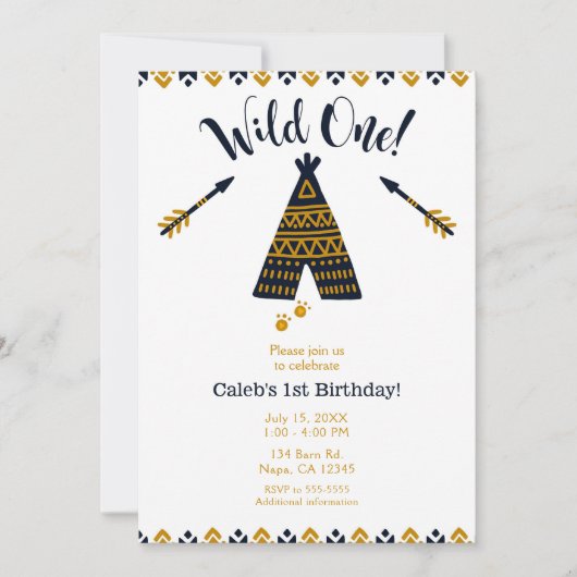 Invitation Wild One 1er anniversaire Tepee Party bleu & or (Devant)