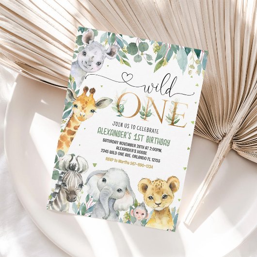 Invitation Wild One 1st Gold Jungle Animaux Anniversaire