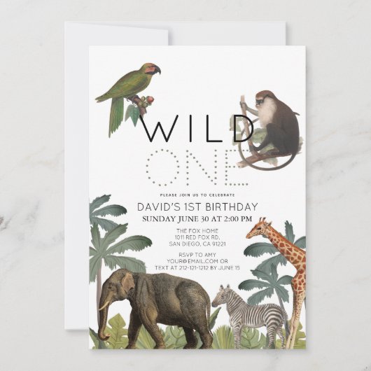 Invitation Wild One African Safari Animaux 1er anniversaire (Devant)