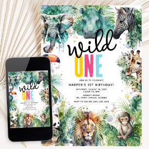 Invitation WILD ONE' Animaux de Safari Cool 1er Anniversaire