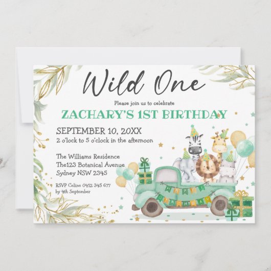 Invitation Wild One Animaux Verdure Gold Safari 1er anniversa (Devant)