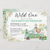 Invitation Wild One Animaux Verdure Gold Safari 1er anniversa (Devant / Derrière)