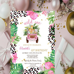 Invitation Wild One Animaux Voiture, Palm Feuilles 1er annive