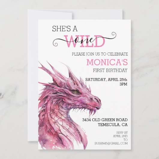 Invitation Wild One Anniversaire Dragon Rose FairyTale (Devant)