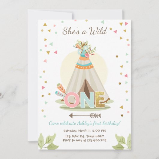 Invitation Wild One anniversaire Teepee Boho Girl (Devant)