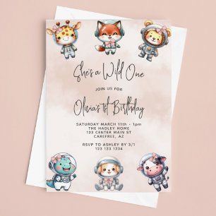 Invitation Wild One Baby Animal Astronauts rose 1er anniversa