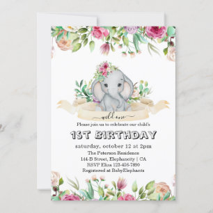 Invitation Wild One - Baby Elephant and Flowers 1er anniversa