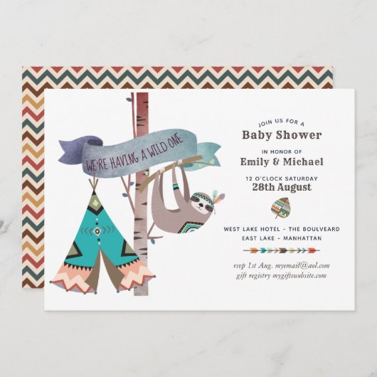 Invitation Wild One Baby shower Tribal Sloth TeePee (Devant / Derrière)