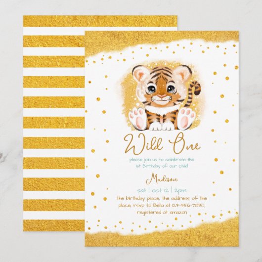 Invitation Wild One Baby Tiger Enfant mignonne premier annive (Devant / Derrière)