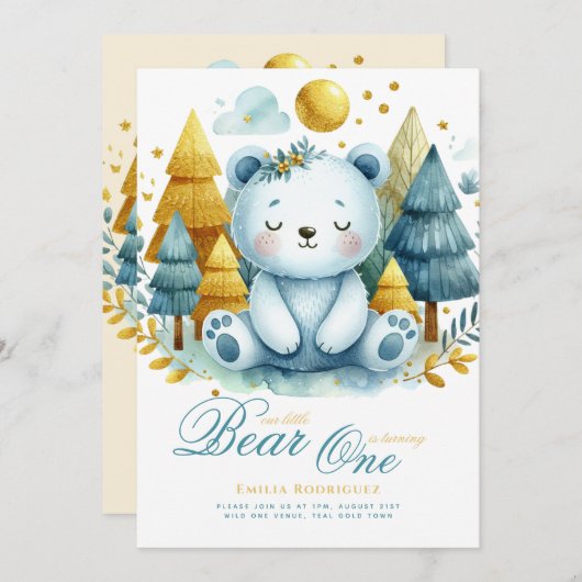 Invitation Wild One Bear 1er anniversaire (ou EDIT AGE) Or Tu (Devant / Derrière)