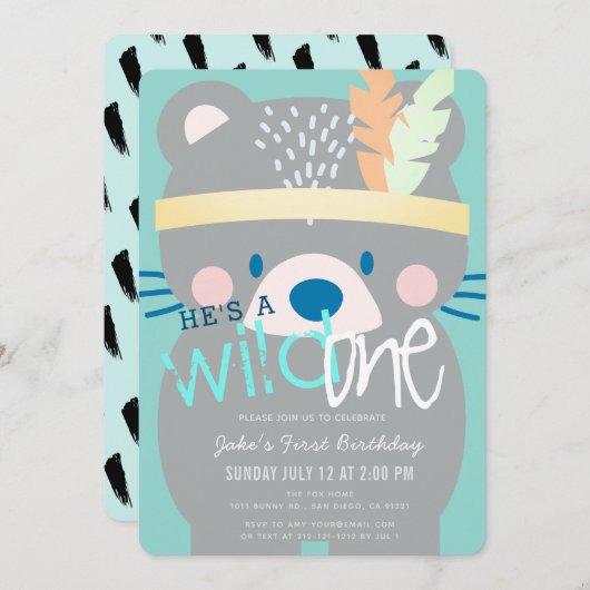 Invitation Wild One Bear Boy 1er anniversaire Turquoise (Devant / Derrière)