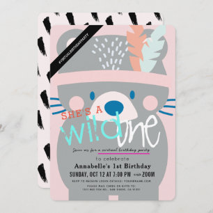 Invitation Wild One Bear Girl Pink Virtual 1er Anniversaire