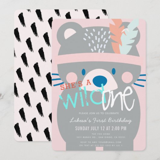 Invitation Wild One Bear Girl rose 1er anniversaire (Devant / Derrière)