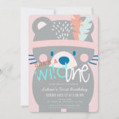 Invitation Wild One Bear Girl rose 1er anniversaire (Devant)
