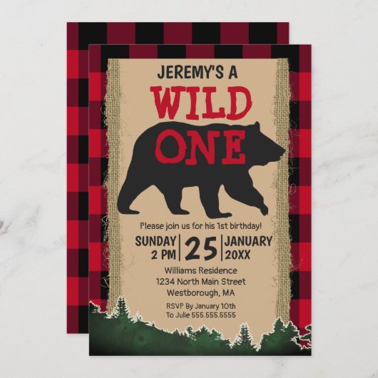 Invitation Wild One Bear Red Buffalo Plaid 1er Anniversaire (Devant / Derrière)