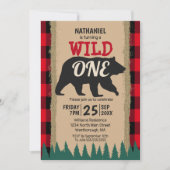 Invitation Wild One Bear Rustic Buffalo Plaid 1er Anniversair (Devant)
