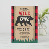 Invitation Wild One Bear Rustic Buffalo Plaid 1er Anniversair (Debout devant)
