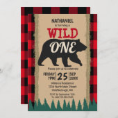 Invitation Wild One Bear Rustic Buffalo Plaid 1er Anniversair (Devant / Derrière)