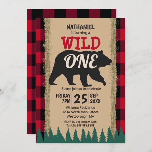 Invitation Wild One Bear Rustic Buffalo Plaid 1er Anniversair (Devant / Derrière)