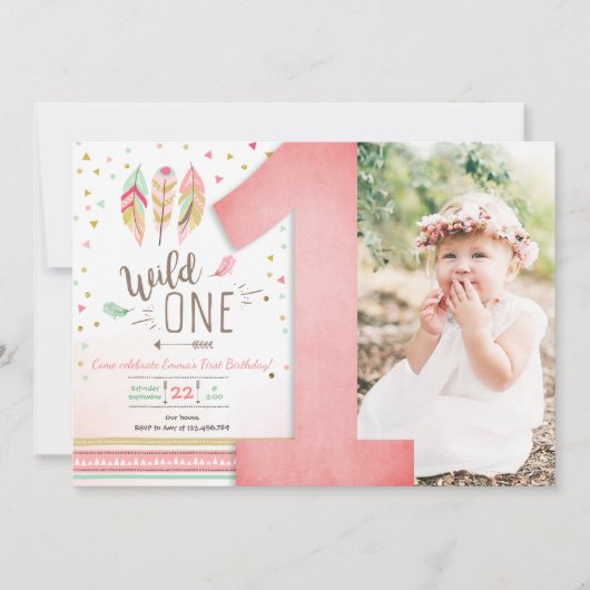 Invitation Wild One Birthday Girl Rose Gold 1st Boho Feathers (Devant)