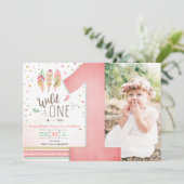 Invitation Wild One Birthday Girl Rose Gold 1st Boho Feathers (Debout devant)